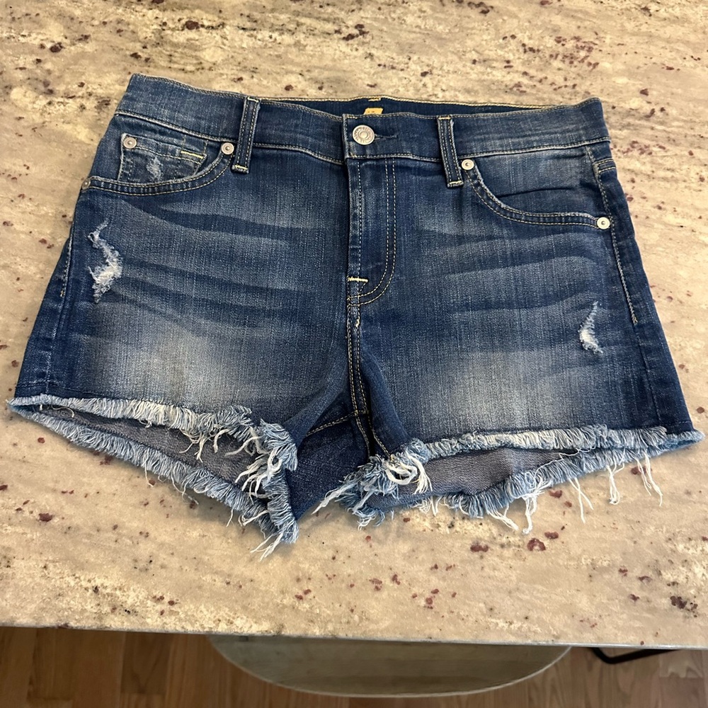 7 For All Mankind Blue Frayed Hem Jean Shorts